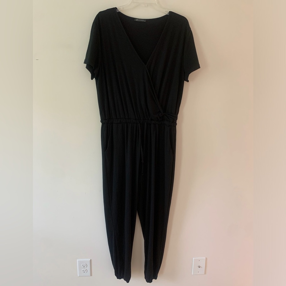 Black Short-Sleeve Wrap Jumpsuit with Drawstring Waist